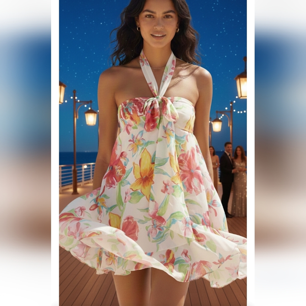 LAUREN RALPH LAUREN 100% Silk Vibrant Abstract Halter Party Dress Size 8